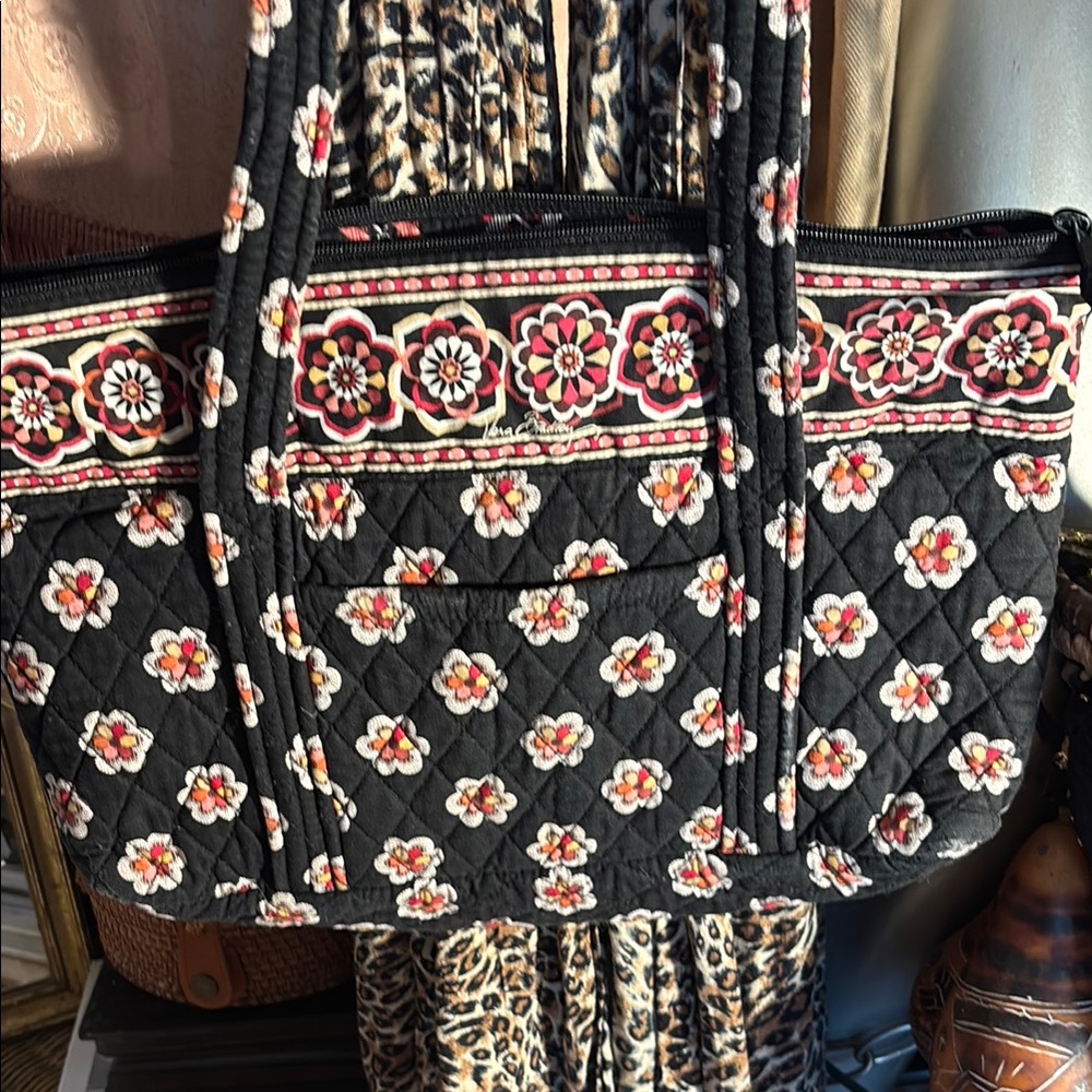 Vera Bradley Black Quilted Floral Tote with Pink and Cream Accents